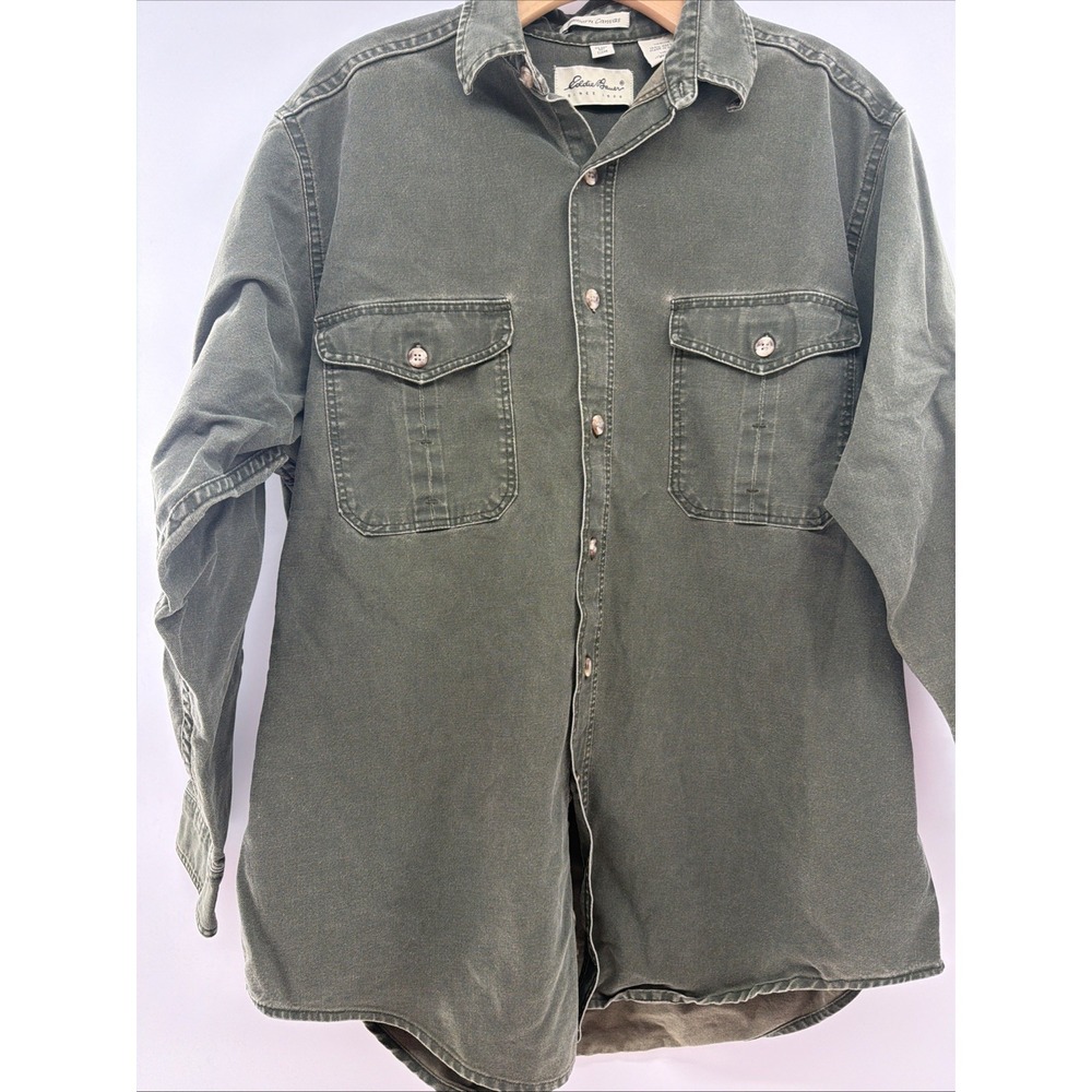 Eddie Bauer Elkborn Canvas Shirt Mens Medium Green Made in USA 90s 100% Cotton